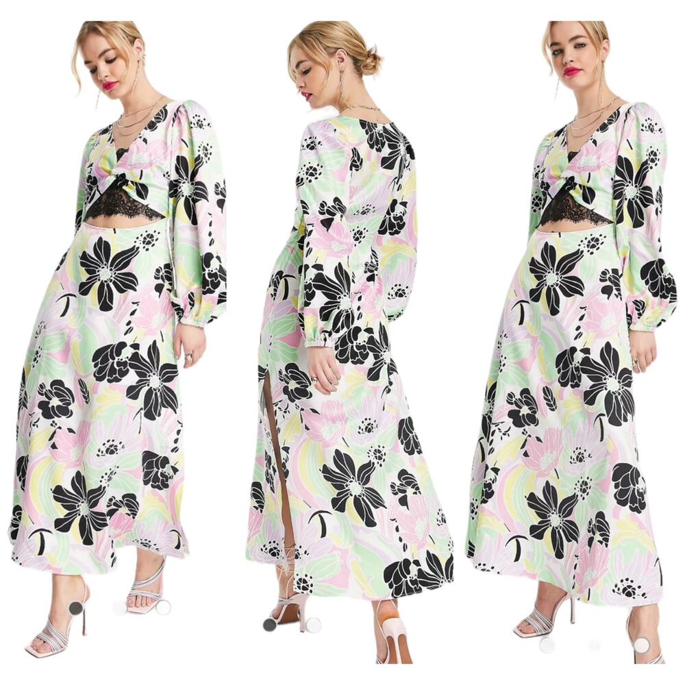 ASOS DESIGN NWT Lace Insert Satin Midi Tea Dress Bold Floral Size 4 Cutout FLAWS